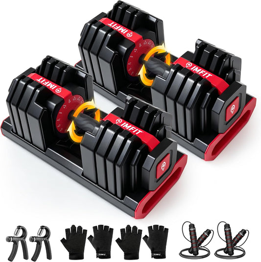 Adjustable Dumbbell Set (55lbs & 80lbs) (Single/Set of 2) with Free Gloves, Ropes & Hand Grips | 15 Adjustable Weight Settings, Space Efficient Compact Design, Easily Switch Exercises
