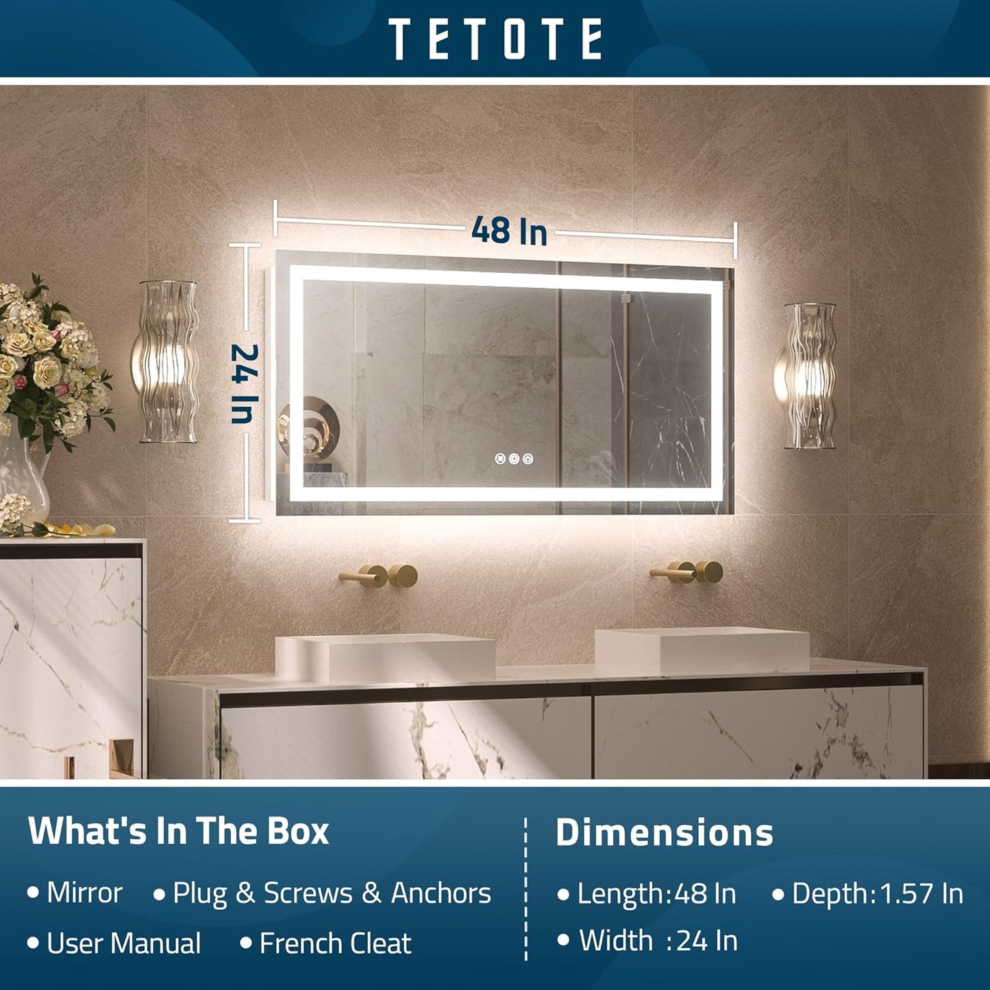 TETOTE 28 Inch Round LED Bathroom Vanity Mirror, Anti-Fog Dimmable Lights IP54 Waterproof Circle Makeup Wall Mounted Mirror