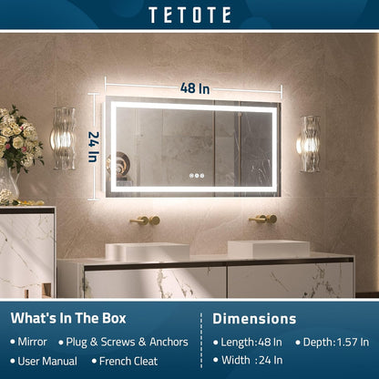TETOTE 28 Inch Round LED Bathroom Vanity Mirror, Anti-Fog Dimmable Lights IP54 Waterproof Circle Makeup Wall Mounted Mirror