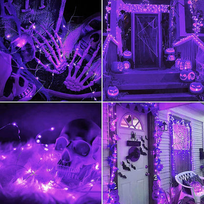 Solar Halloween Decoration Lights, JMEXSUSS 2 Pack 33FT 100 LED Orange and Purple Halloween String Lights, Halloween Lights with 8 Modes for Halloween Tree Yard Outdoor Spooky Party Garden Decorations