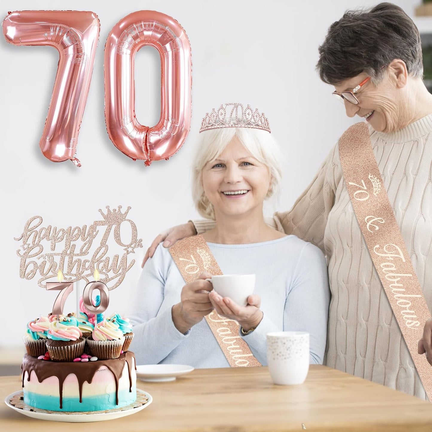 65th Birthday Decorations for Women, Including 65th Birthday Sash and Crown, Cake Topper and Candles, Number Balloons Rose Gold, 65 Year Old Gifts for Women