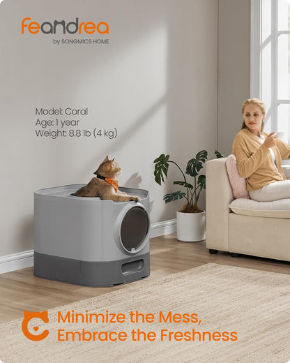 Feandrea Cat Litter Box with Lid, XL Enclosed Litter Box with Slide-Out Tray, Scoop, Brush, for Large Cat, Anti-Tracking, Anti-Leaking, Dove Gray and Slat Gray UPPT002B01