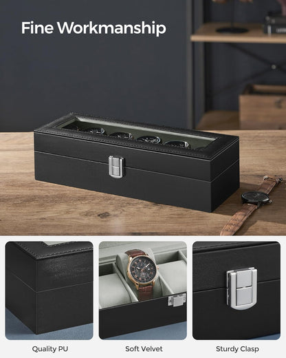 SONGMICS Watch Box, 6-Slot Watch Case, Watch Box Organizer, Black Synthetic Leather, Greenish Gray Lining UJWB06BK