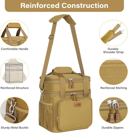 Expandable Large Lunch Bag, Double Deck Insulated Lunch Box Leakproof Durable Soft Cooler Bag for Men Women Adults Work Construction Beach Picnic Daytrip,16L,Black, GLENKEY