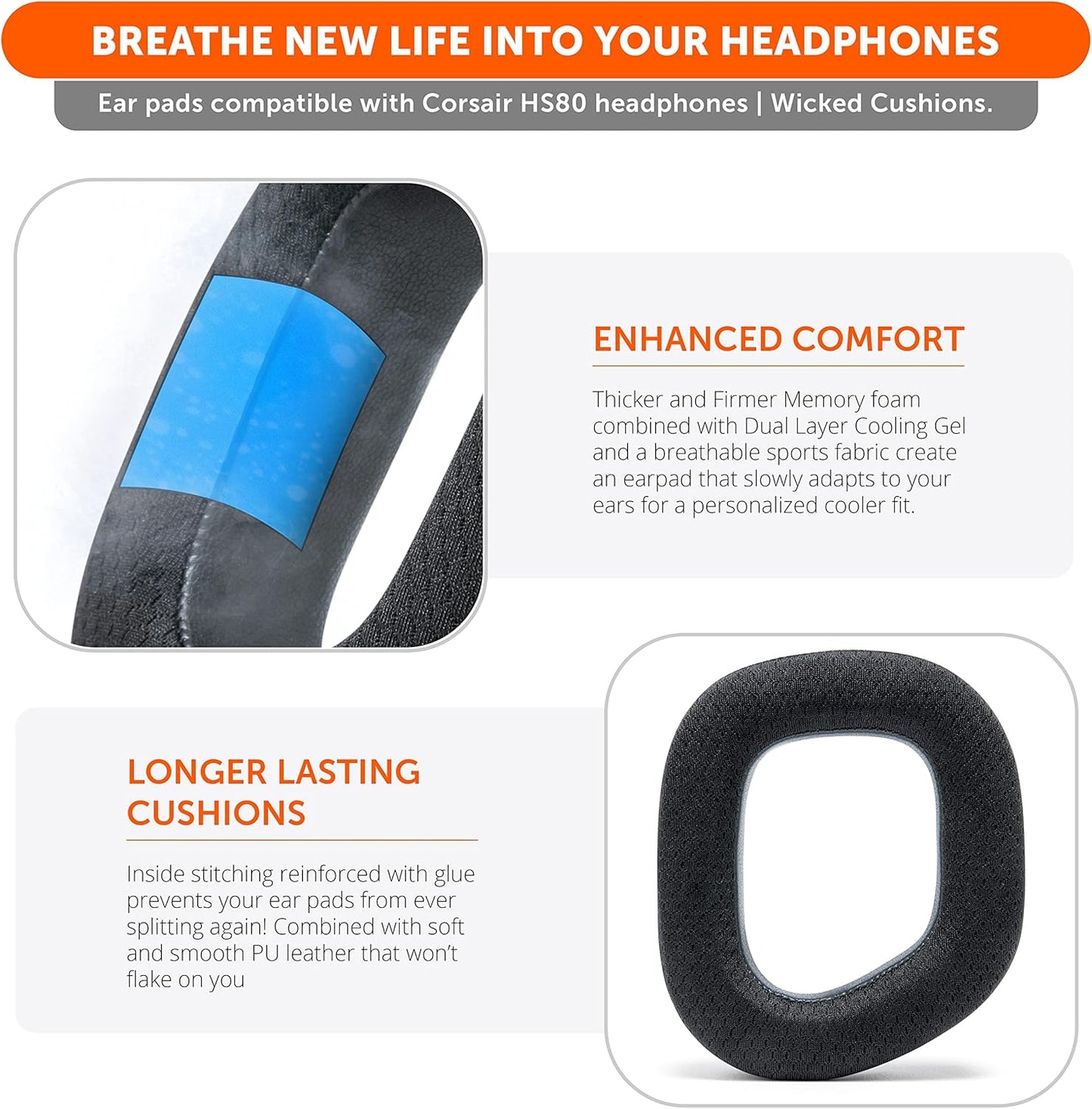 WC Freeze HS80 - Cooling Gel Earpads for Corsair HS80 RGB Wireless, Wired, & HS80 Max by Wicked Cushions - Elevate Comfort, Thickness & Sound Isolation for Epic Gaming Sessions | Black