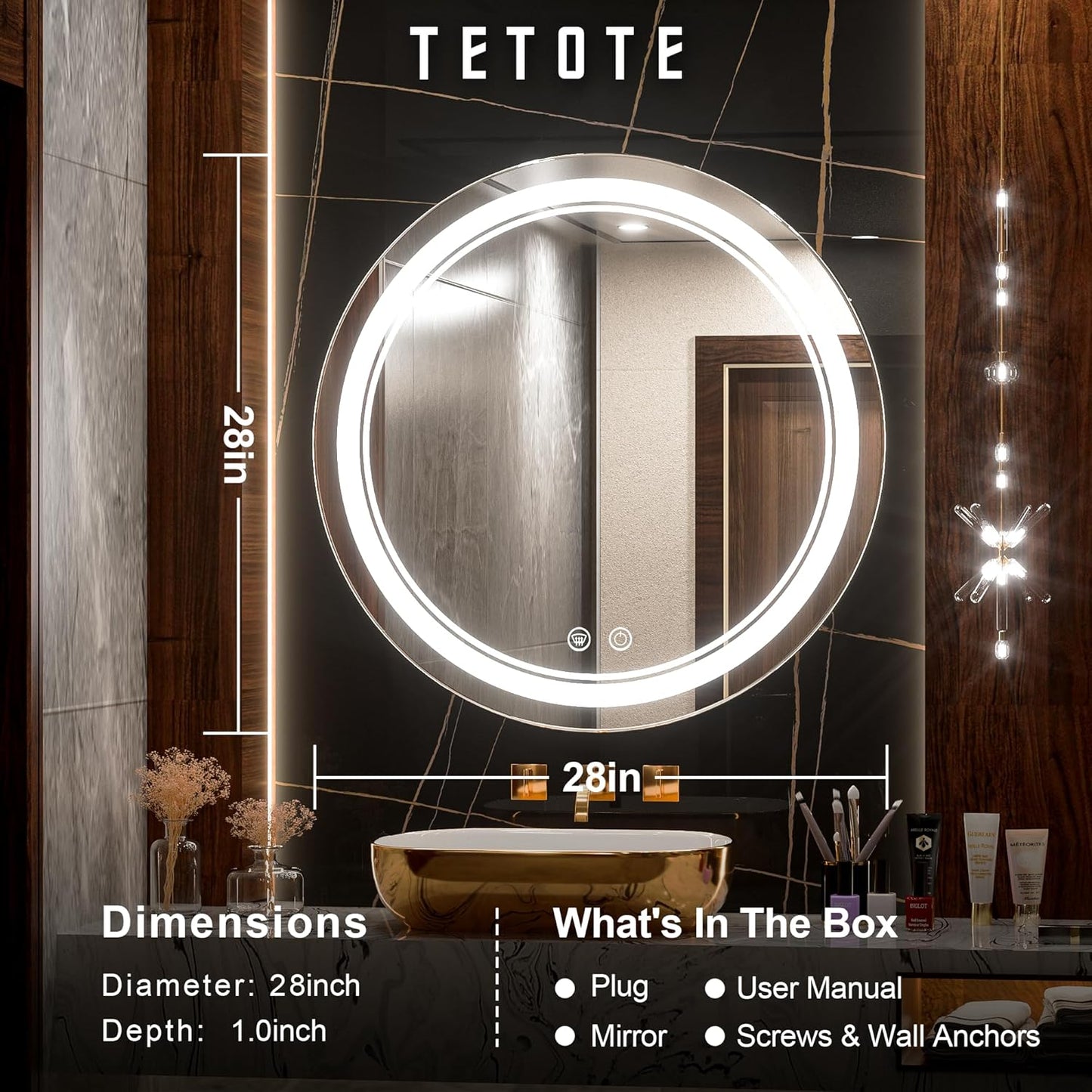 TETOTE 28 Inch Round LED Bathroom Vanity Mirror, Anti-Fog Dimmable Lights IP54 Waterproof Circle Makeup Wall Mounted Mirror