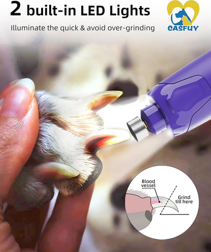 Casfuy Dog Nail Grinder Quiet - (45db)6-Speed Pet Nail Grinder with 2 LED Lights for Large Medium Small Puppy Dogs/Cats, Professional 3 Ports Rechargeable Electric Dog Nail Trimmer with Dust Cap(Blue)