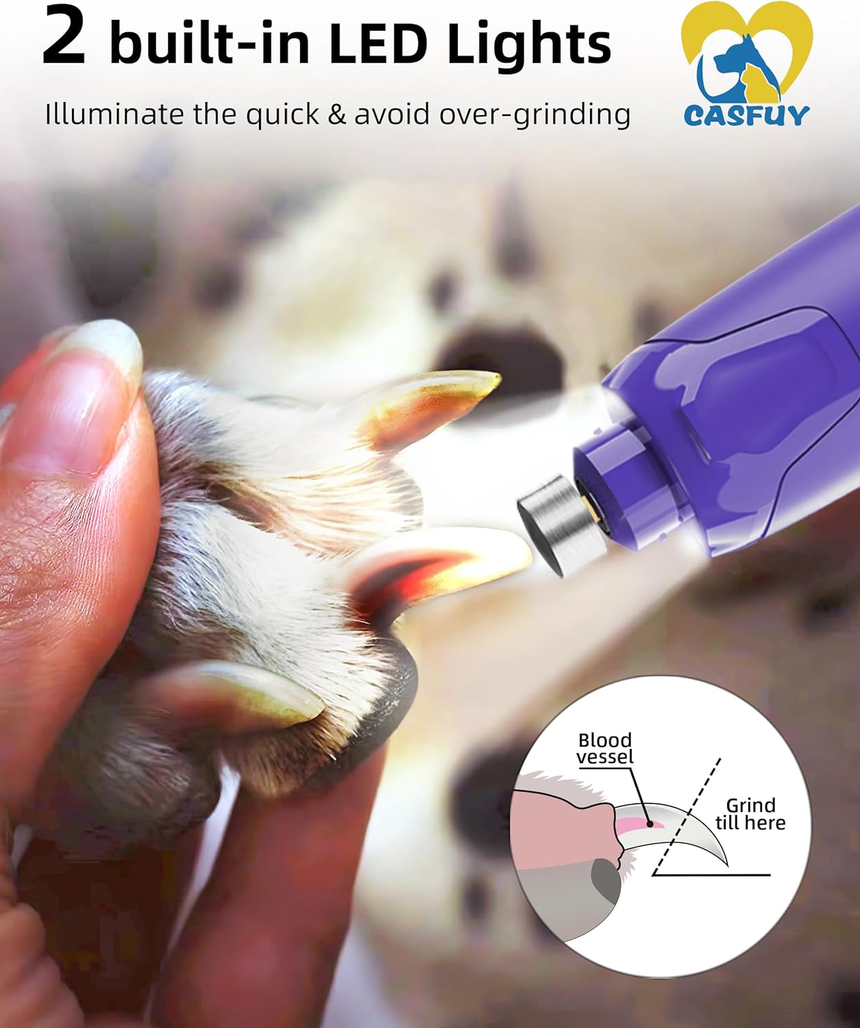 Casfuy Dog Nail Grinder Quiet - (45db) 6-Speed Pet Nail Grinder with 2 LED Lights for Large Medium Small Puppy Dogs/Cats, Professional 3 Ports Rechargeable Electric Dog Nail Trimmer with Dust Cap (P)