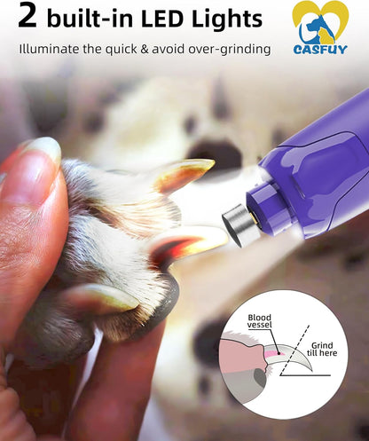 Casfuy Dog Nail Grinder Quiet - (45db) 6-Speed Pet Nail Grinder with 2 LED Lights for Large Medium Small Puppy Dogs/Cats, Professional 3 Ports Rechargeable Electric Dog Nail Trimmer with Dust Cap (P)