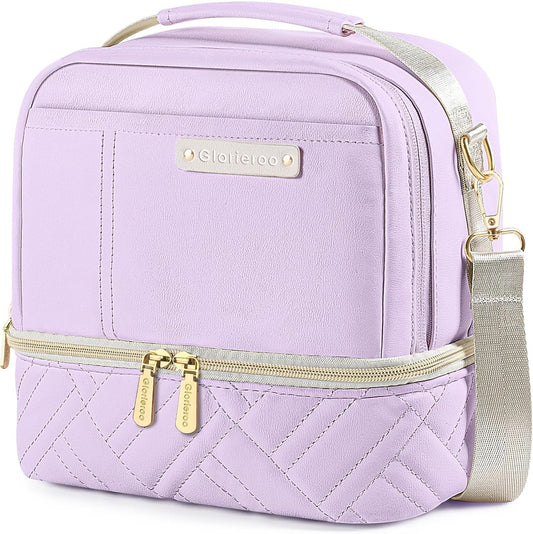 Lunch Box Bag Women Girls - Double Deck Vegan Leather Insulated Waterproof Leakproof Cooler for Work Travel Picnics - Back to School Teacher Mothers Day Christmas Birthday Gifts (Purple, Medium 10L)