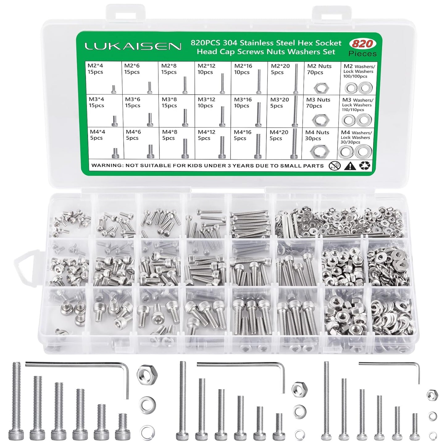 860PCS Metric Screw Assortment Kit, M2 M3 M4 M5 Machine Screws with Lock & Flat Washers, 10.9 Grade Alloy Steel, Metric Hex Button Head Cap Nuts and Bolts Assortment Kit with 4 Wrenches