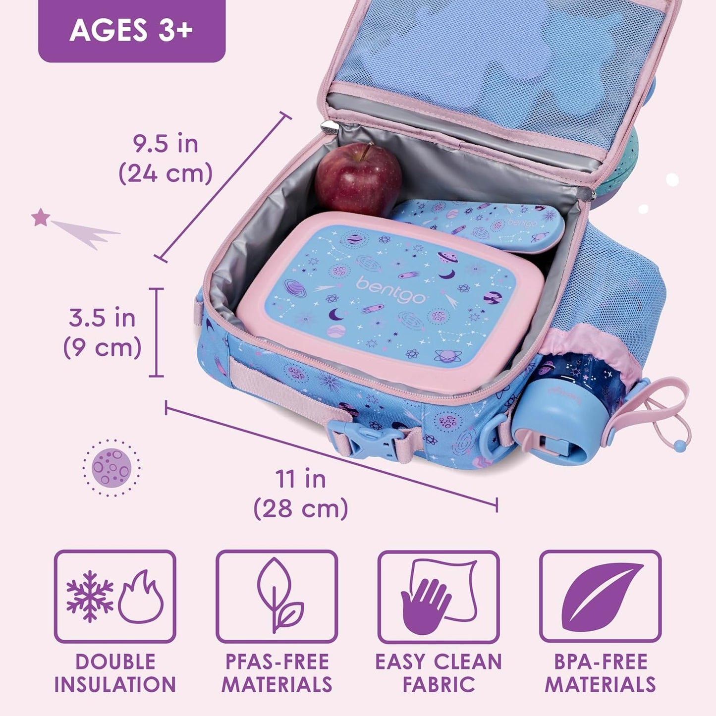 Bentgo® Kids Lunch Bag - Durable, Double Insulated, Water-Resistant Fabric, Interior & Exterior Zippered Pockets, Water Bottle Holder - Ideal for Children 3+ (Shark)