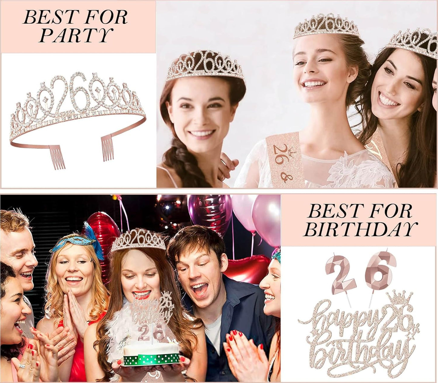8pcs 40th Birthday Decorations gifts for Women, Including 40th Happy Birthday Cake Topper, Queen Sash with Pearl Pin, Sweet Rhinestone Tiara Crown for Women, Number Candles and Balloons (Rose Gold)