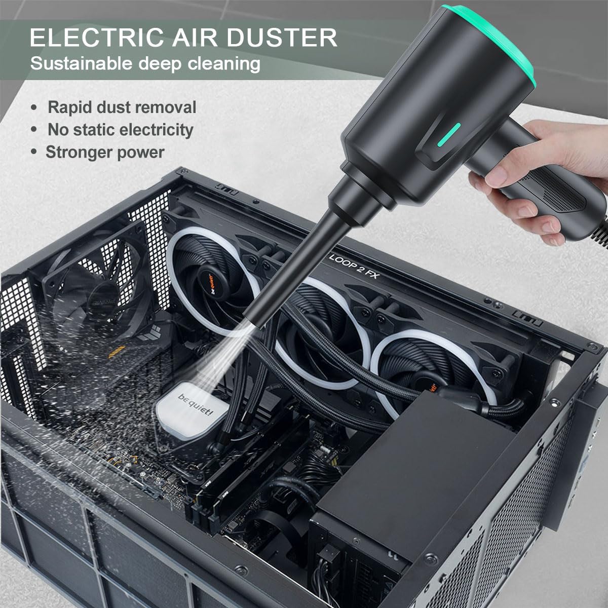 Electric Air Duster for Computer Cleaning, High Power Compressed Air Blower with 2 Speed Settings, Reusable Keyboard and PC Cleaner (Green)
