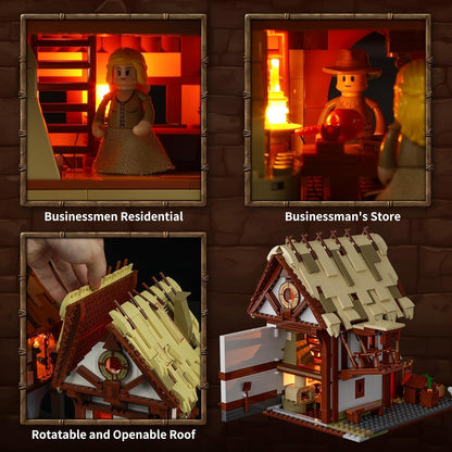 FUNWHOLE Medieval-Market Lighting Building-Bricks Set - Medieval Town LED Light Construction Building Model Set 2614 Pcs for Adults and Teen
