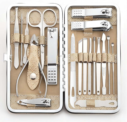 Manicure Set - 19 in 1 Professional Nail Clippers Pedicure Kit, Manicure Tool Kit, Stainless Steel Facial Grooming Set Kit, Gift Idea for Women, Men, Girls, Teens, Beige