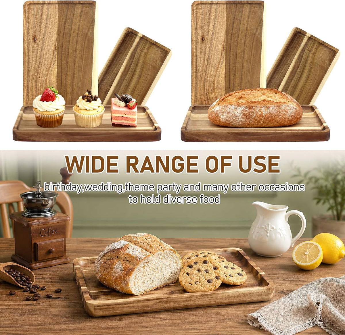 6 Pack Acacia Wood Serving Trays, Wooden Serving Platters in 3 Sizes, Rectangular Wood Food Trays for Bread Fruit Dessert Snack Coffee Table Countertop Kitchen Serving Board
