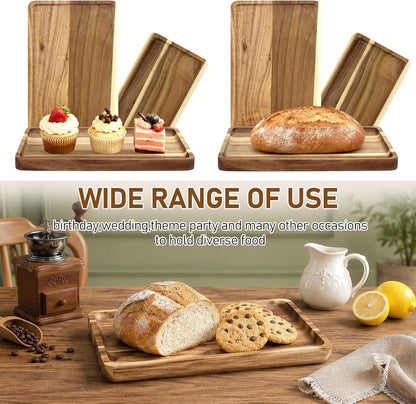 6 Pack Acacia Wood Serving Trays, Wooden Serving Platters in 3 Sizes, Rectangular Wood Food Trays for Bread Fruit Dessert Snack Coffee Table Countertop Kitchen Serving Board