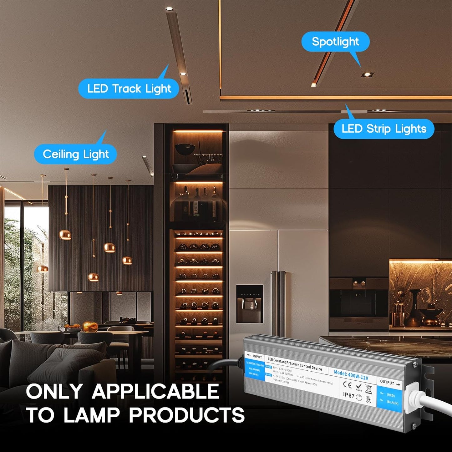 LED Driver 100 Watts Waterproof IP67 Power Supply 85V-265V AC to 12V DC Converter,Quiet and Small LED Transformer Low Voltage Output with 3-Prong Plug 3 Feet Cable for LED Light Strip, Outdoor