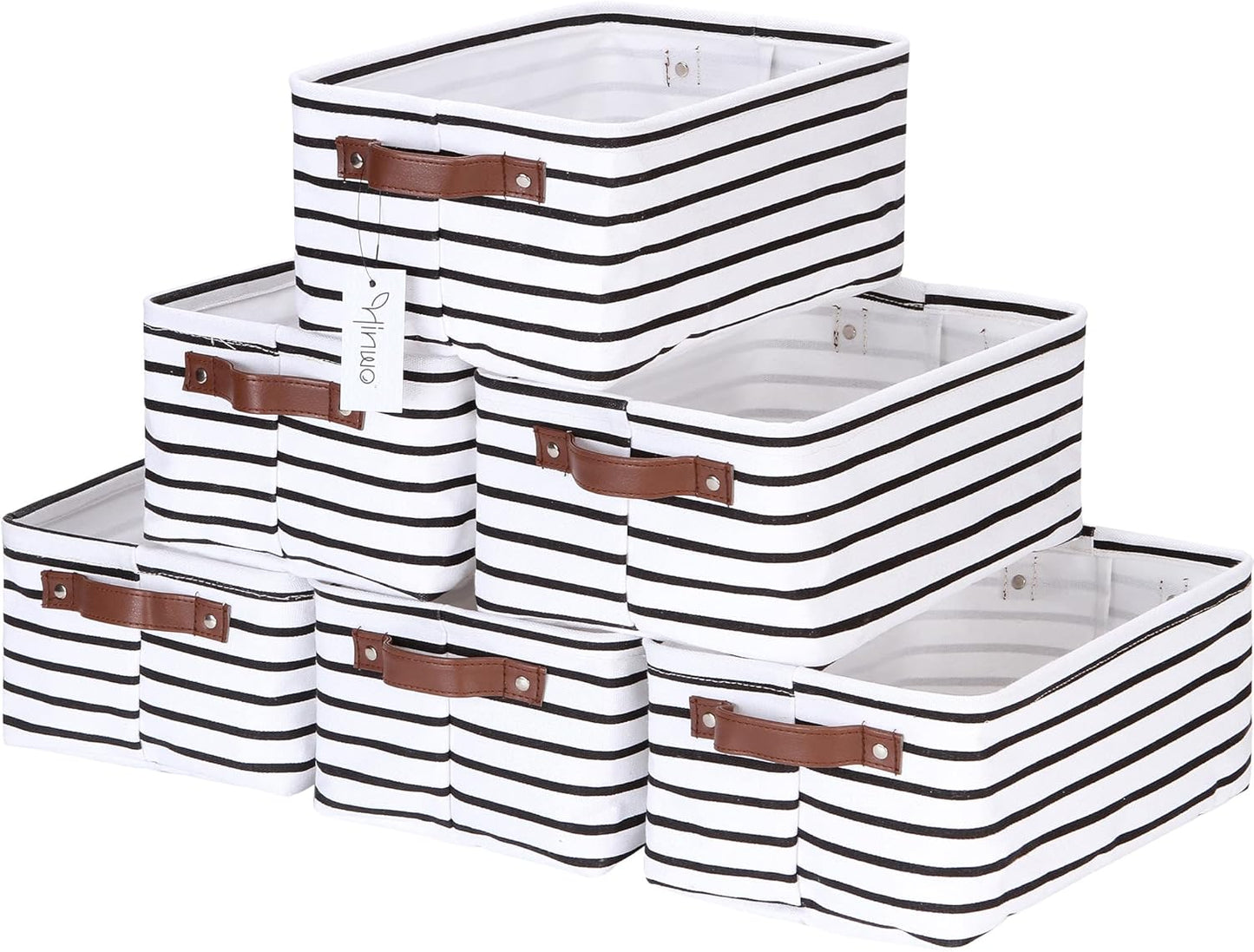 Hinwo 6-Pack Small Canvas Fabric Storage Baskets Set with Handles, Open Storage Bins, Cube Storage Organizer, Shelf Organizer Bins for Closet, 7.9L, 12 x 8 x 5 Inches, Grey Stripe