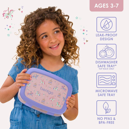 Bentgo Kids Prints (Unicorn) - Leak-Proof, 5-Compartment Bento-Style Kids Lunch Box - Ideal Portion Sizes for Ages 3 to 7 - BPA-Free and Food-Safe Materials