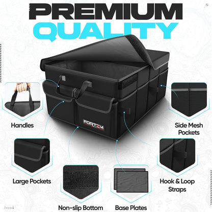 FORTEM Car Trunk Organizer, Collapsible Multi Compartment Car Organizer, Foldable SUV Storage for Car Accessories for Women Men, Non Slip Bottom, Securing Straps, Soft Cover 50L (Black, Standard)