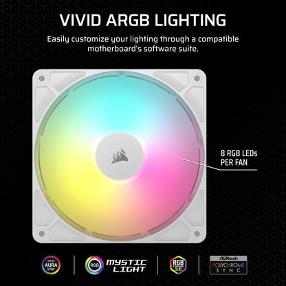 CORSAIR RS120 ARGB 120mm PWM Fan – Daisy-Chain Connection – Low-Noise – Magnetic Dome Bearing – Single Pack – White