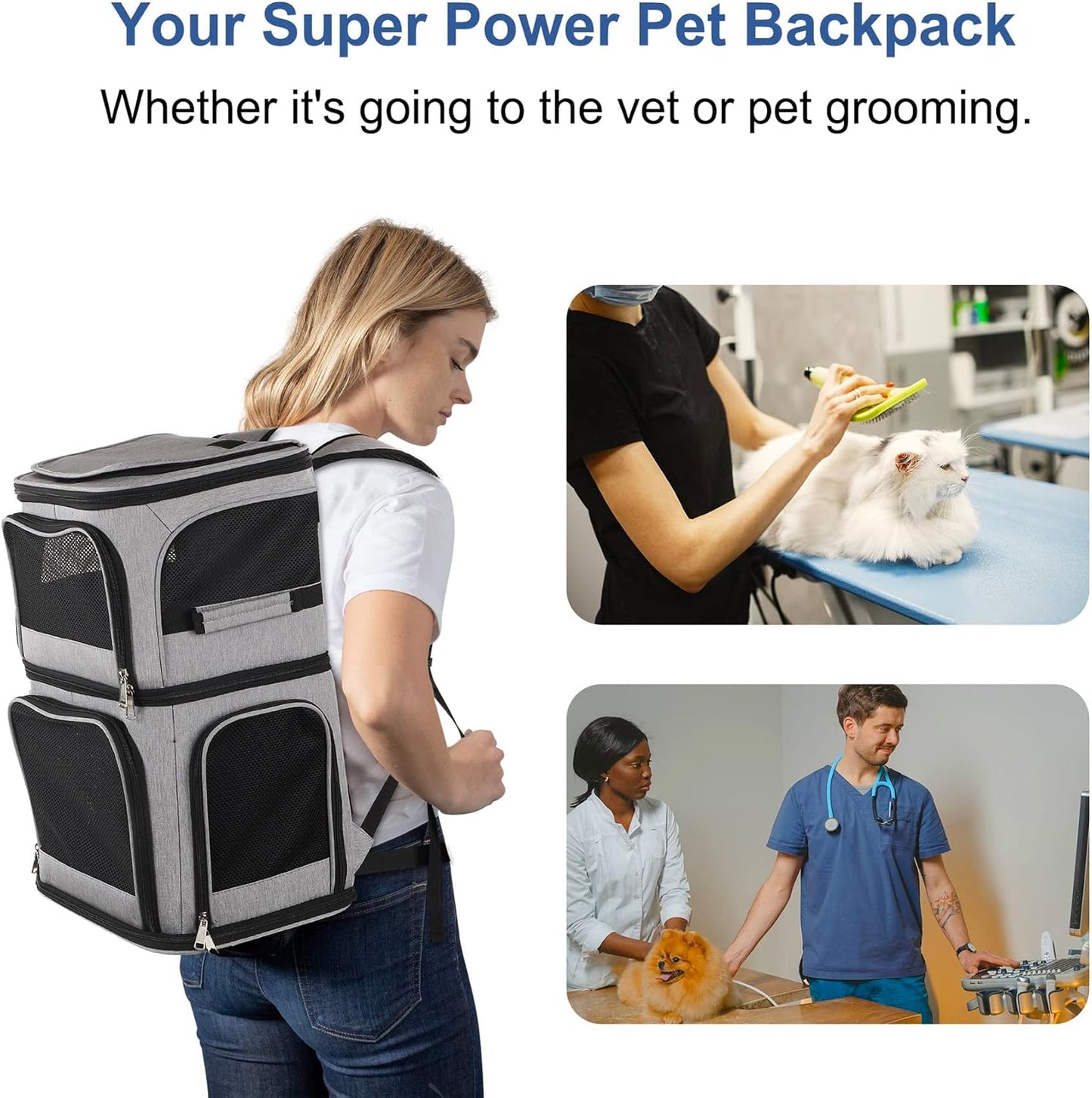 Pet Backpack Carrier Double-Compartment, Portable Pet Cat Carrier Travel for 2 Small Cats or Dogs, Breathable Large Size Cat Carrier Backpack, Perfect for Travel/Hiking/Camping/Walking Outdoor, Grey