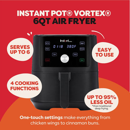 Instant Pot Vortex 6QT Large Air Fryer Oven Combo, Customizable Smart Cooking Programs, Digital Touchscreen, Nonstick and Dishwasher-Safe Basket, Includes Free App with over 1900 Recipes, Black