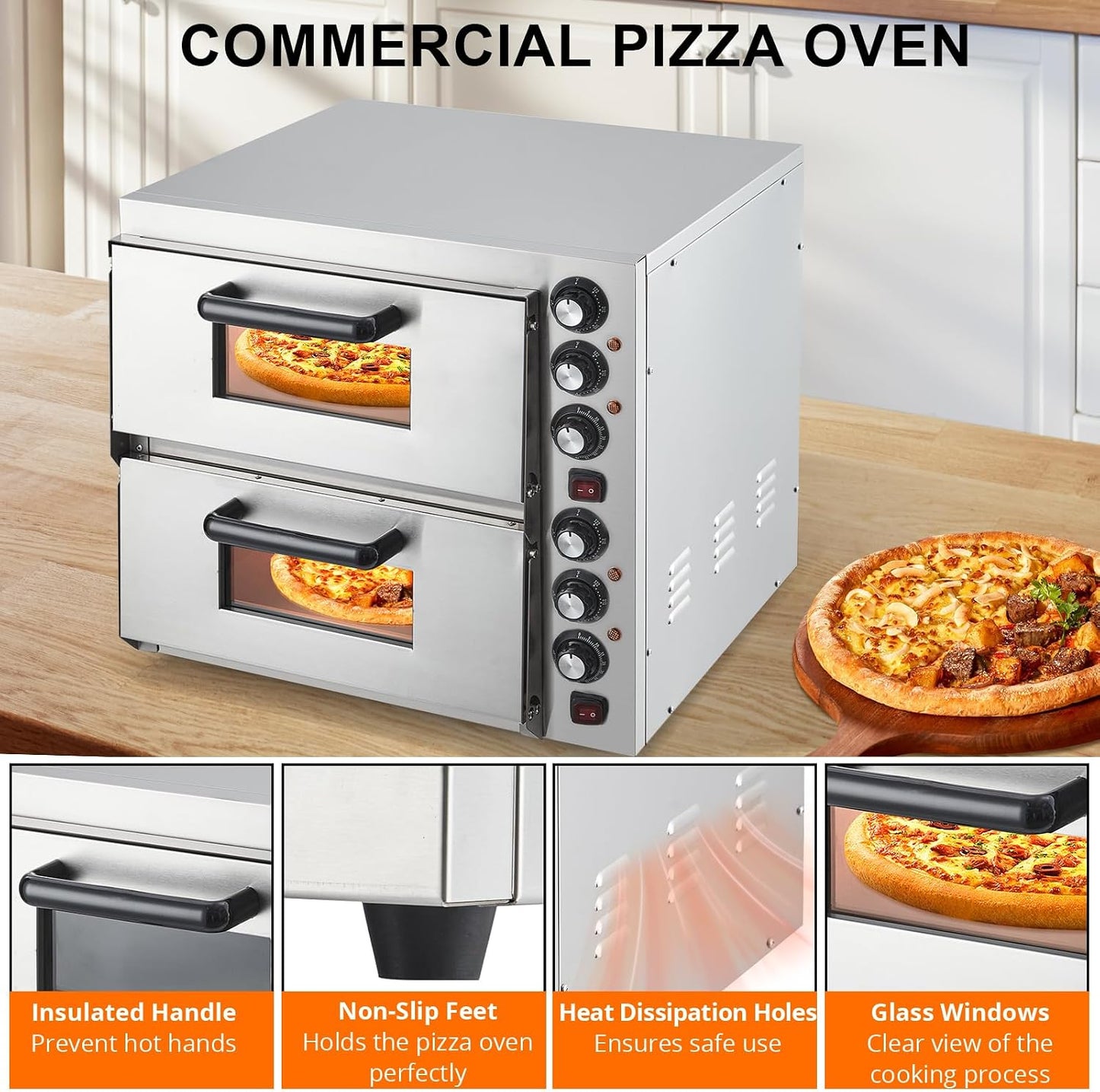 Commercial Pizza Oven Countertop, 3600W Stainless Steel Electric Pizza Oven, Indoor Pizza Maker with Timer/Pizza Stones, Double Deck Layer Pizza Cooker for Restaurant Home, Silver