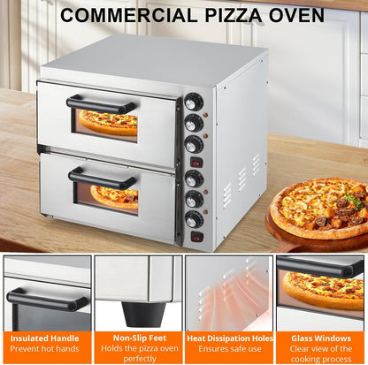 Commercial Pizza Oven Countertop, 3600W Stainless Steel Electric Pizza Oven, Indoor Pizza Maker with Timer/Pizza Stones, Double Deck Layer Pizza Cooker for Restaurant Home, Silver