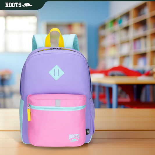 Roots Kids Lightweight Backpack — Made from 100% Recycled Fabrics with Rain Flap, Bottle Pocket, Reflective Accent, and Back Padding — 22.5 litres, Pink & Purple - PuriLite