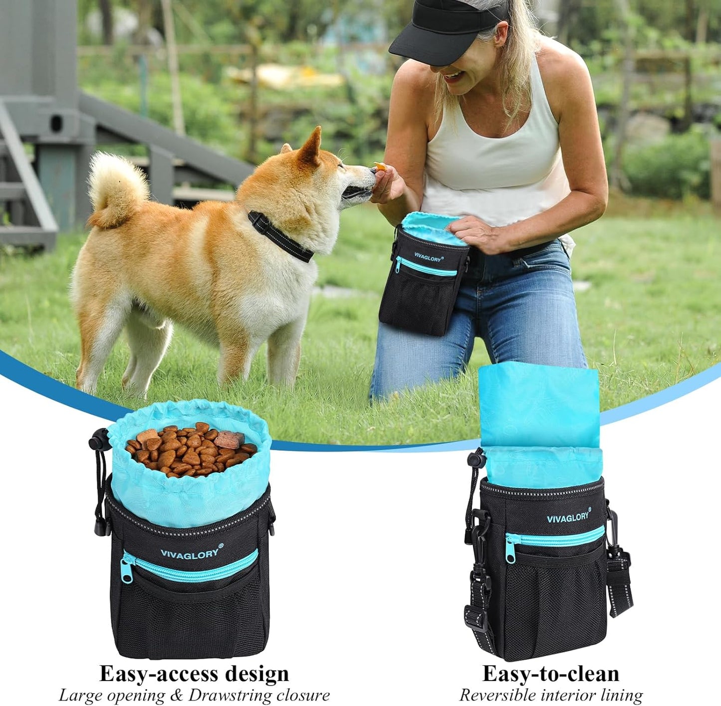 VIVAGLORY Dog Training Treat Pouch, 4Ways to Wear Dog Treat Bags, Built in Dog Waste Bag Dispenser Treats Training Bags with Reflective Adjustable Shoulder Strap, Black