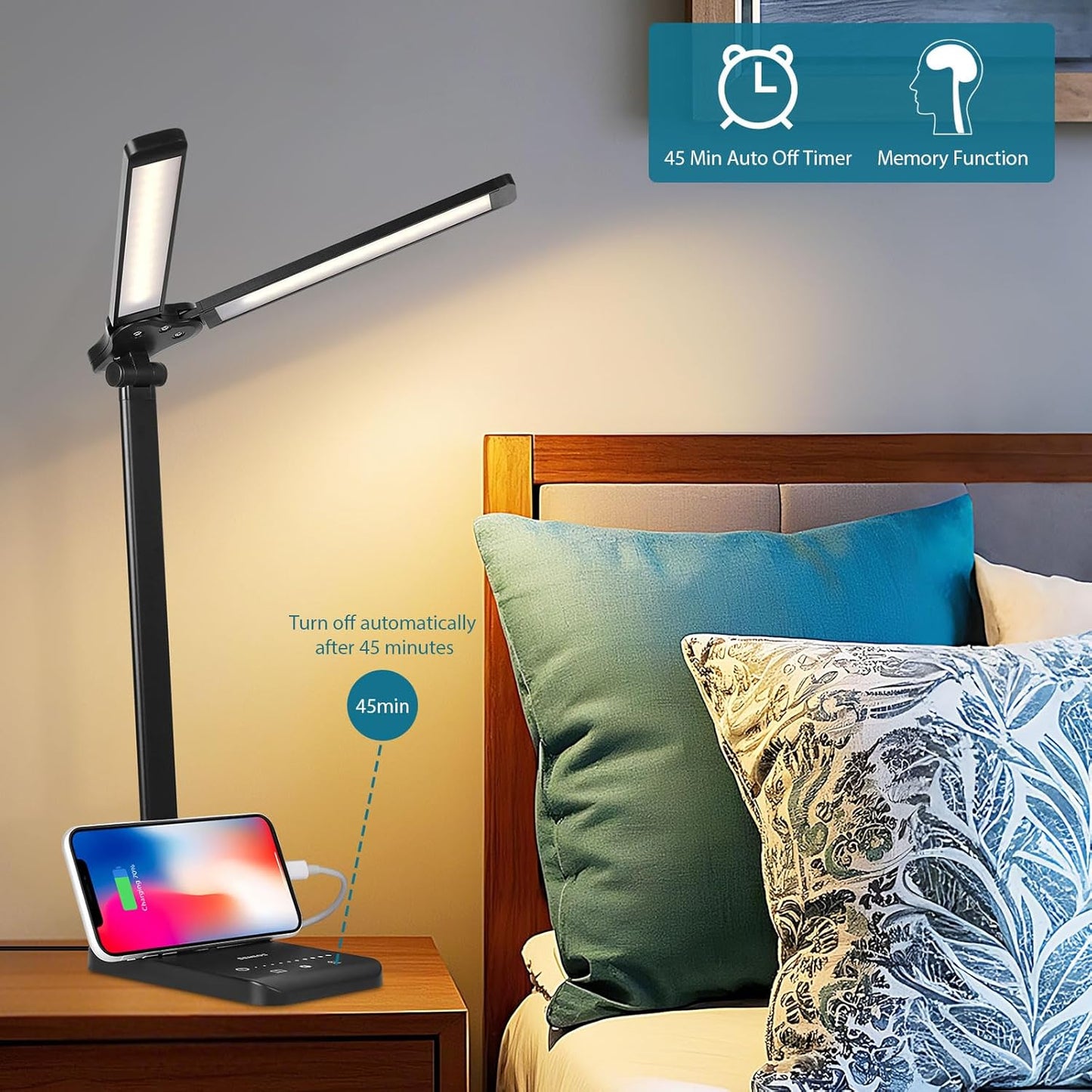 Semlos LED Desk Lamp for Home Office, Eye-Caring Table Light, 25 Lighting Modes, 45 Min Auto Timer, Touch Control, Dimmable, White