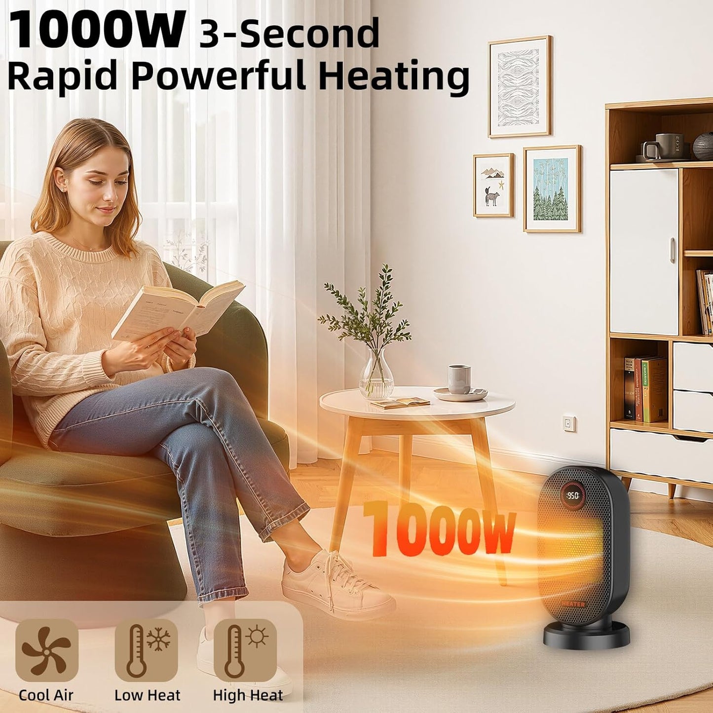 Portable PTC Ceramic Space Heater with Thermostat, Remote Control, 90° Oscillation & 12H Timer – Fast Heating Desk Heater for Bedroom, Office, Home (1000W) - PuriLite