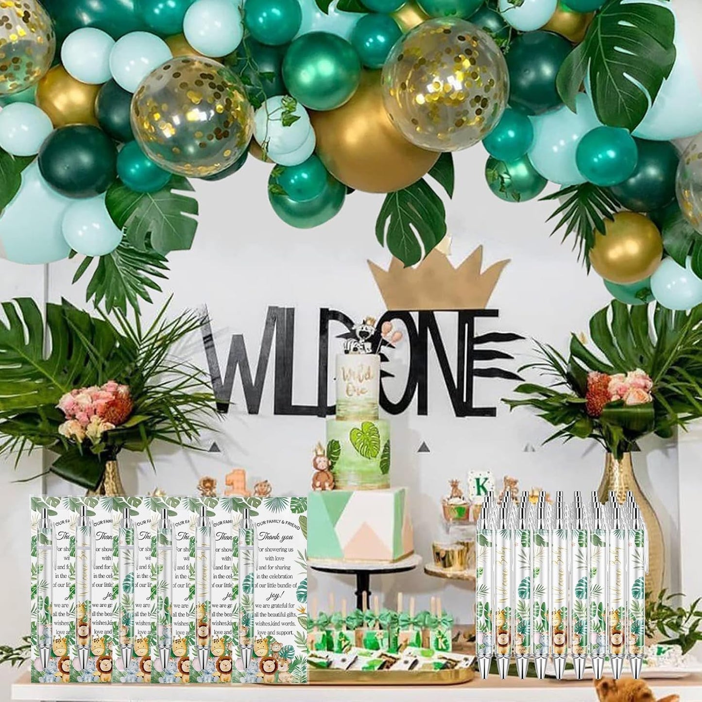 Lebsitey 50 Sets Pen Baby Shower Favors Gifts for Guests Includes 50 Rolling Paper Ballpoint Pens and 50 Greeting Thank You Bookmarks Baby Shower Party Favors (Safari)