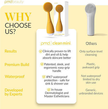 PMD Clean Mini - Smart Facial Cleansing Device with Silicone Brush & Anti-Aging Massager - Waterproof - SonicGlow Vibration Technology - Clear Pores and Blackheads - Lift, Firm, and Tone Skin