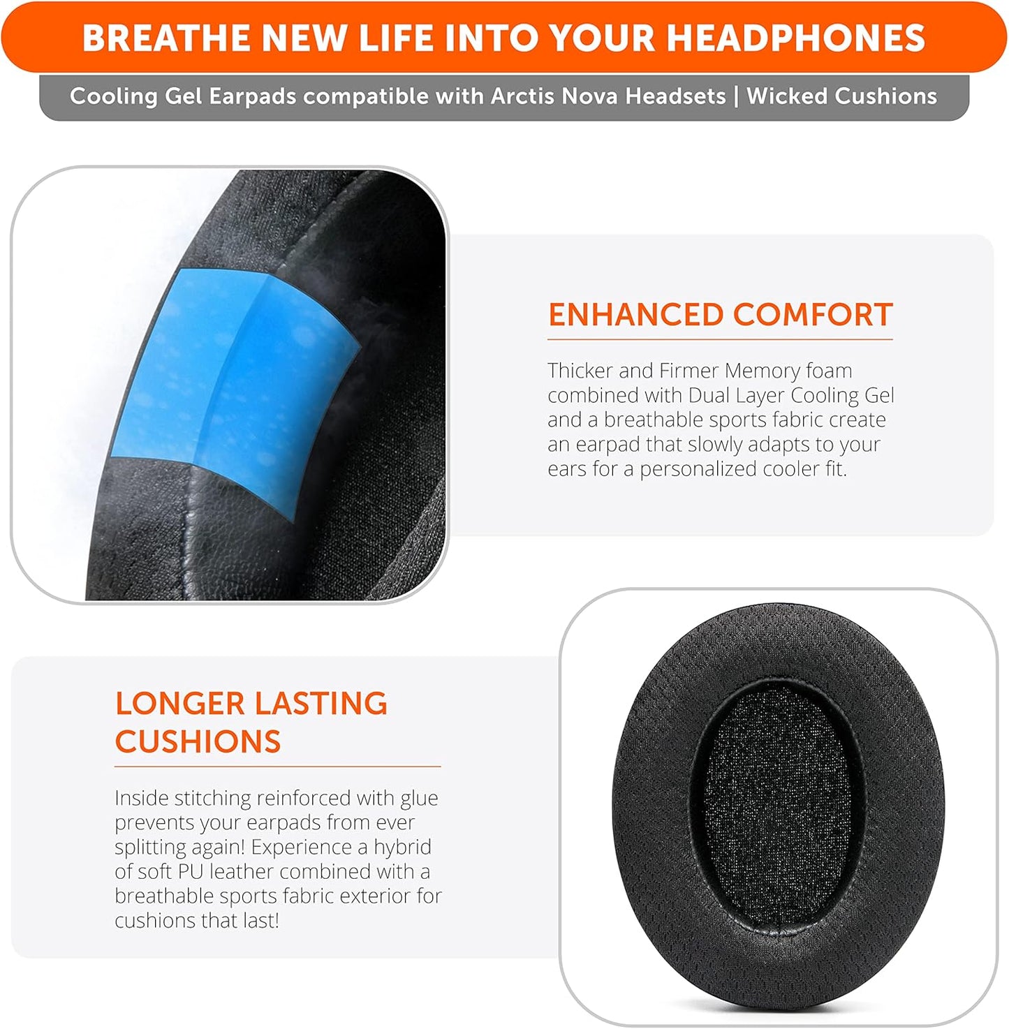 WC Freeze for Arctis Nova - Hybrid Fabric Cooling Gel Replacement Earpads for Arctis Nova Pro Wired, Nova 7, 5, 4, 3, 1 - Made by Wicked Cushions (Does Not Fit Nova Pro Wireless) | Black