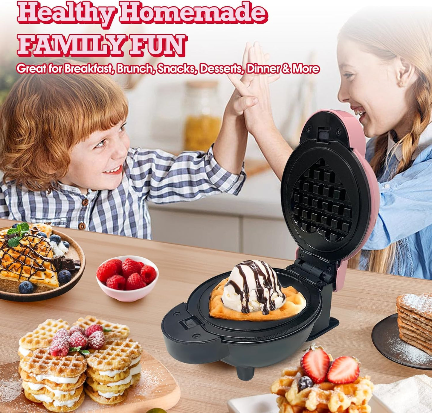 GVAKMM Mini Waffle Maker(Heart),Small Waffle Maker Keto,Mini Wafflera Iron for Kids Family and Individuals,4'' Non Stick Cooking Plates with Fast & Even Heating(Pink)
