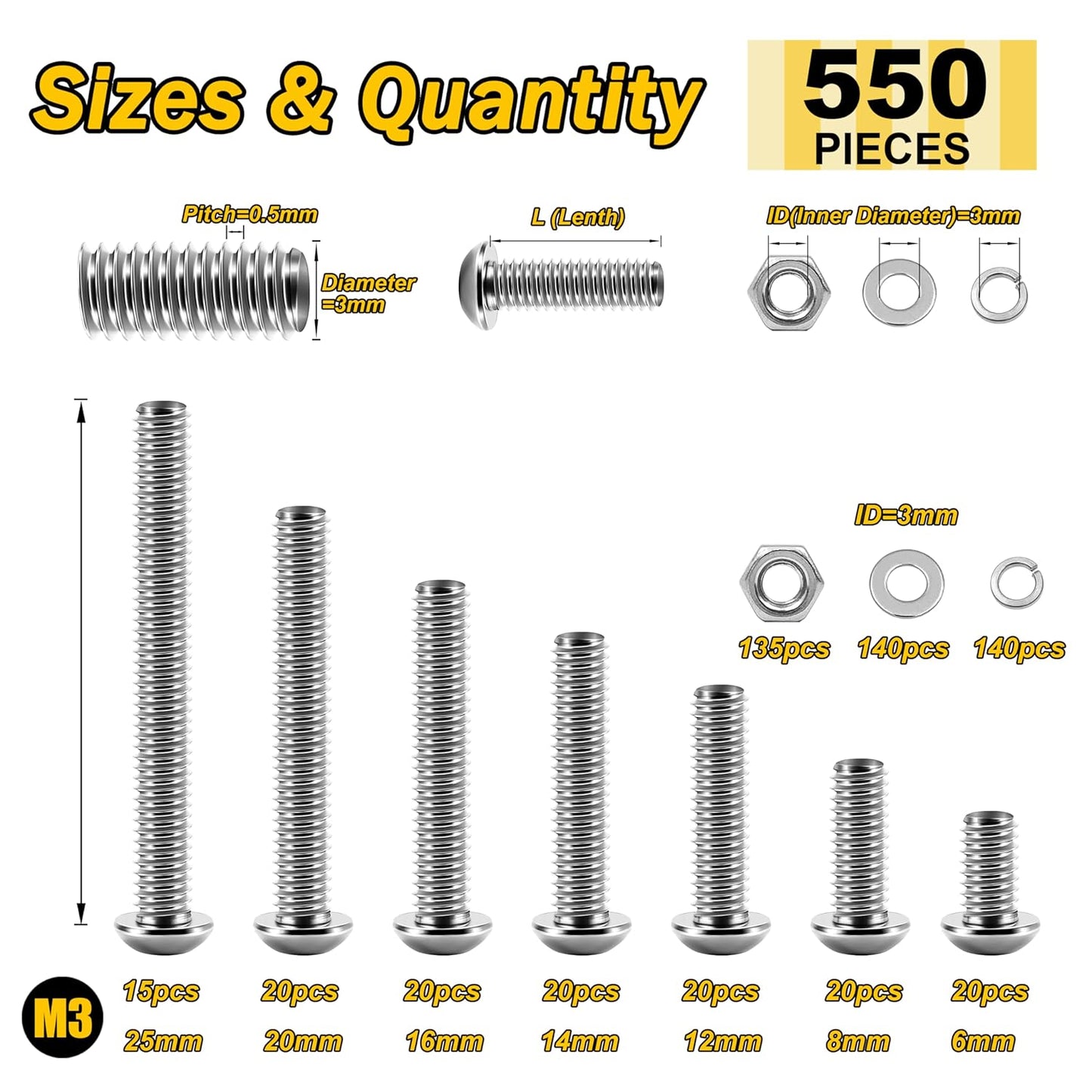 Mywish 900Pcs Metric Screw Assortment, M3 M4 M5 M6 Screw Assortment Kit 304 Stainless Steel Hex Socket Button Head Socket Cap Metric Screws Bolts & Flat Washers/Nuts/Hex Wrenches 16 Sizes 8MM to 20MM