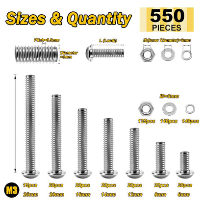 Mywish 900Pcs Metric Screw Assortment, M3 M4 M5 M6 Screw Assortment Kit 304 Stainless Steel Hex Socket Button Head Socket Cap Metric Screws Bolts & Flat Washers/Nuts/Hex Wrenches 16 Sizes 8MM to 20MM