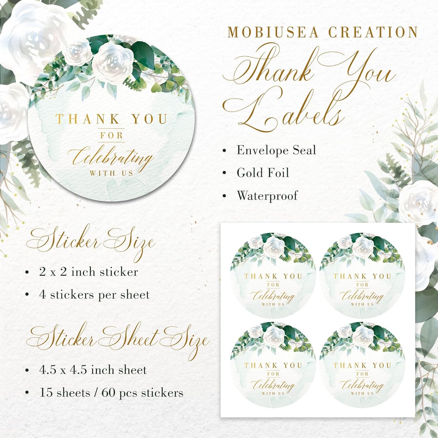 Mobiusea Creation White Floral Thank You for Celebrating with us Stickers | 2 inch | Gold Foil | 60pcs Waterproof Thank You Stickers Wedding Labels for Wedding, Bridal Shower, Baby Shower