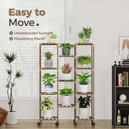 Bamworld Plant Stand Indoor Outdoor Hanging Plant Shelf for Multiple Plants Pots Wood Flower Stand Tall Large Flower Holder for Living Room, Patio, Balcony, Garden Decor, Brown