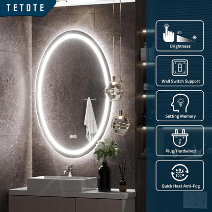 TETOTE 28 Inch Round LED Bathroom Vanity Mirror, Anti-Fog Dimmable Lights IP54 Waterproof Circle Makeup Wall Mounted Mirror