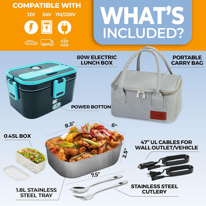FORABEST Electric Lunch Box Food Heater 80W 1.5L Stainless Steel Heated Lunch Box for Men & Women, Universal 12/24/110/220V Self Heating Lunch Box for Car, Truck & Work, Portable Food Warmer lunch box