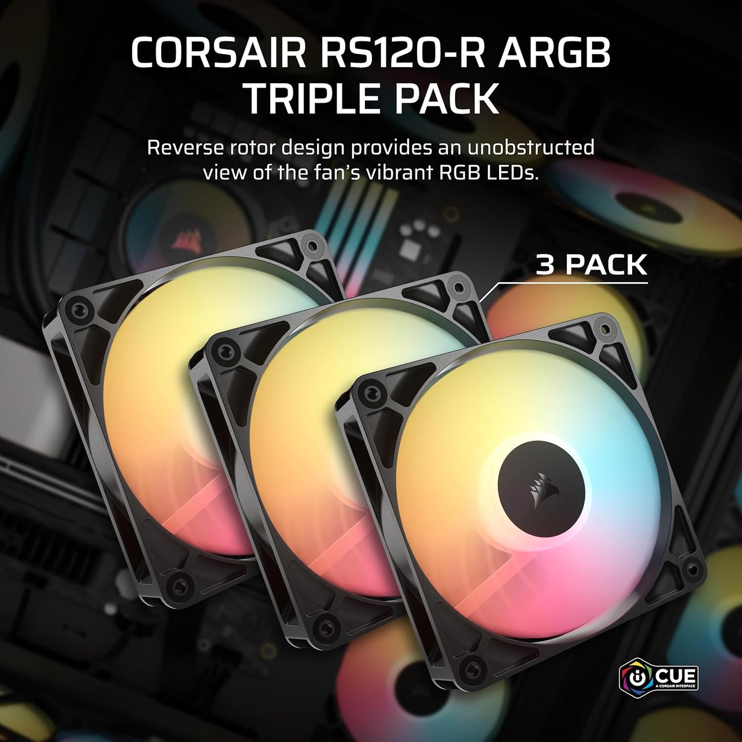 Corsair RS120-R ARGB 120mm PWM ARGB Reverse Fans – Reverse Rotor, +5V ARGB Connections, Eight RGB LEDs, High Static Pressure, Daisy-Chain, Magnetic Dome Bearing, Zero RPM Mode – Triple Pack – Black