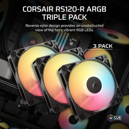 Corsair RS120-R ARGB 120mm PWM ARGB Reverse Fans – Reverse Rotor, +5V ARGB Connections, Eight RGB LEDs, High Static Pressure, Daisy-Chain, Magnetic Dome Bearing, Zero RPM Mode – Triple Pack – Black