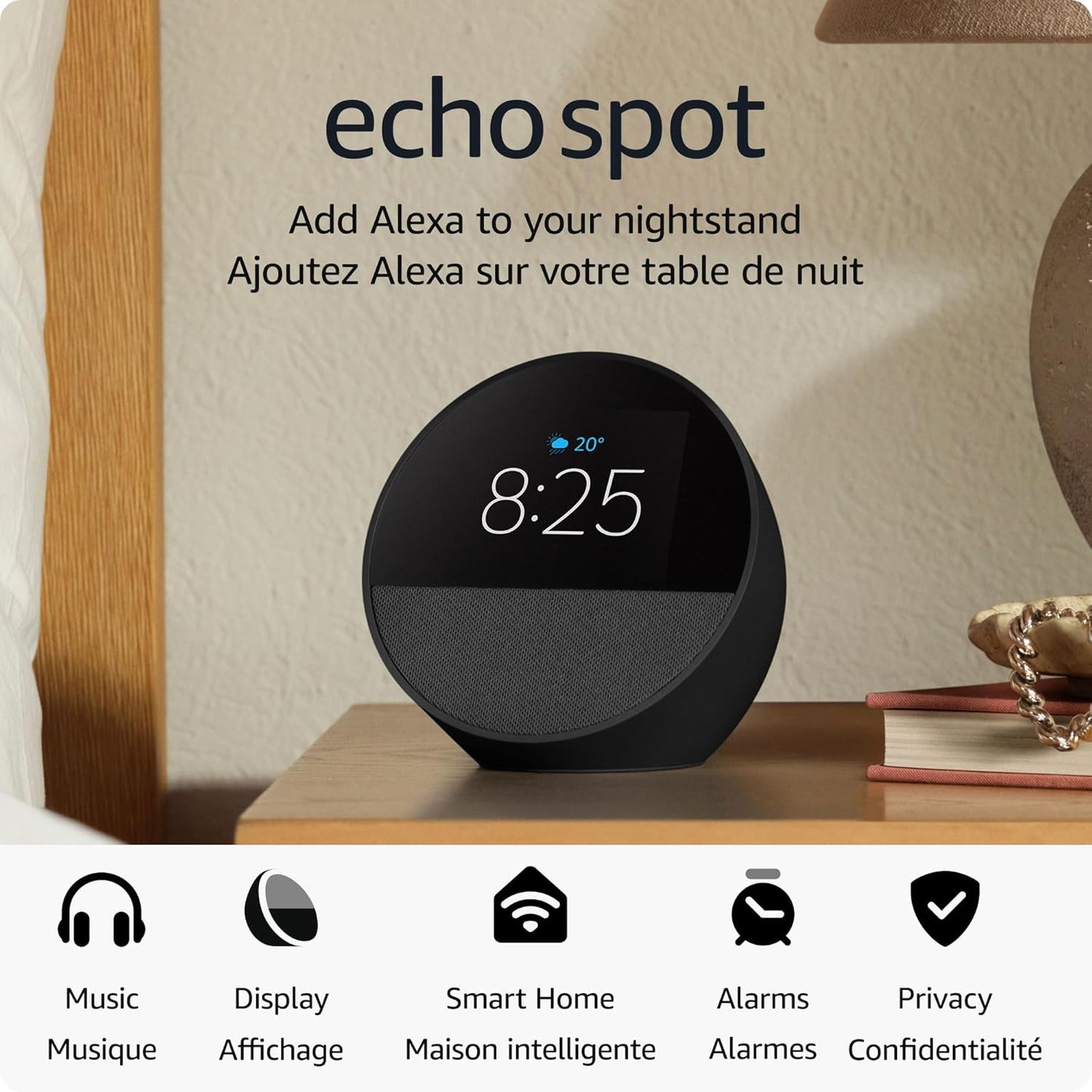Amazon Echo Spot (newest model), Great for nightstands, offices and kitchens, Smart alarm clock with Alexa, Black