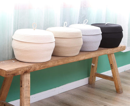 Sea Team Round Cotton Rope Storage Basket with Lid, Decorative Woven Storage Bin, Pot, Caddy, Organizer, Container for Snacks, Towels, Plants (Grey, Small)