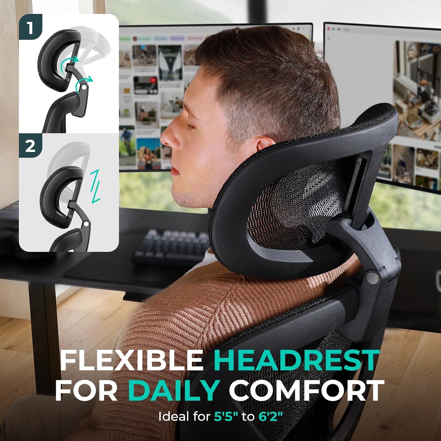 Capot Ergonomic Mesh Office Chair, Adjustable Lumbar High Back Desk Chair 400lbs, 4D Flip-up Arms, 3-Level Tilt Backrest, 3D Headrest, PU Wheels, Swivel Rolling Computer Seating for Long Desk Work